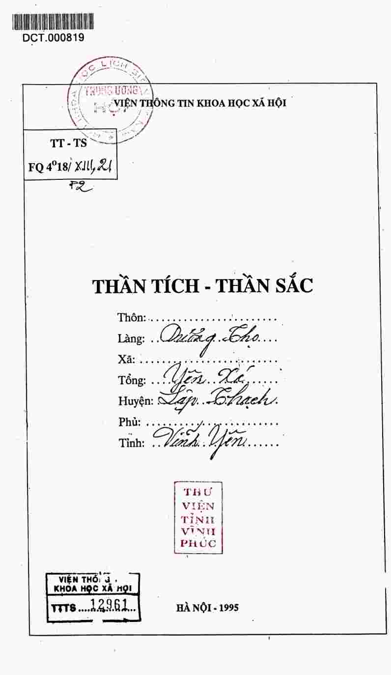 Thần tích thần sắc làng Dương Thọ tổng Yên Xá huyện Lập Thạch tỉnh Vĩnh Yên
